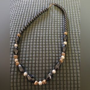 Hematite,  Pearl and Goldtone Bead Necklace
